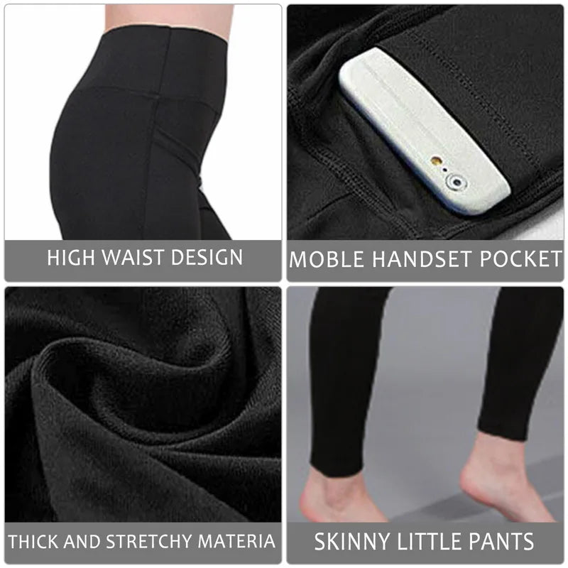 Winter Tummy Control Solid Color High Waist Women Fitness Leggings Push up Pockets Butt Lift Yoga Pants Sport Running Woman Pant