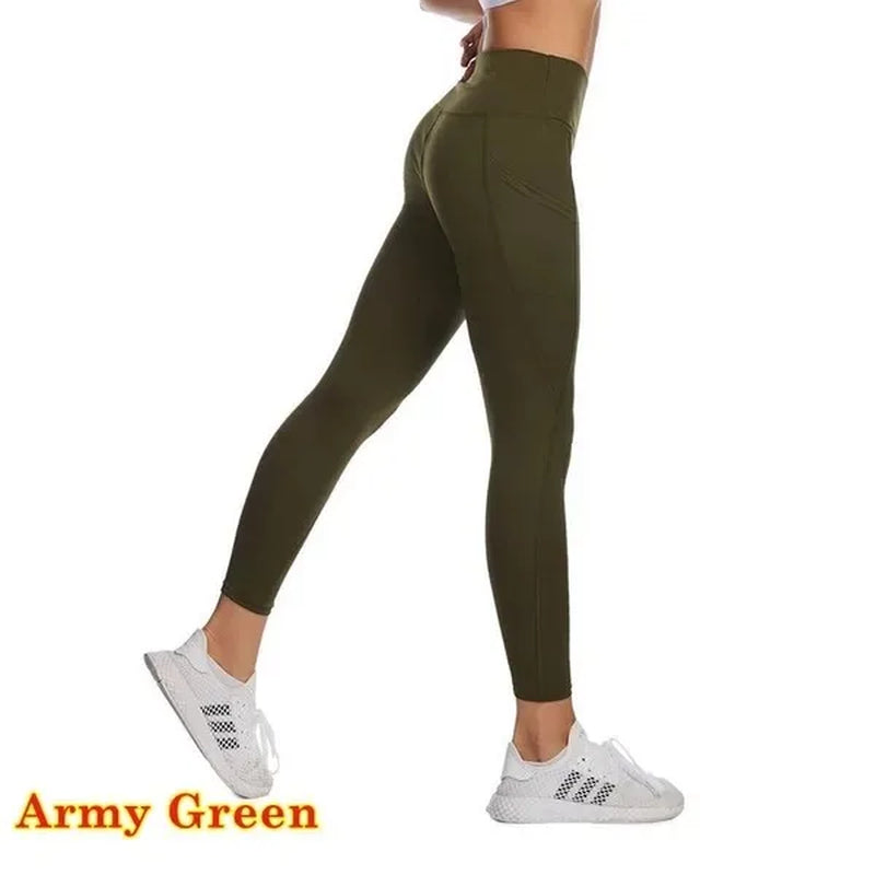 Winter Tummy Control Solid Color High Waist Women Fitness Leggings Push up Pockets Butt Lift Yoga Pants Sport Running Woman Pant